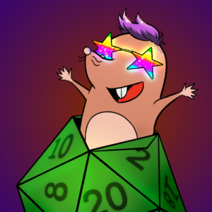 a cartoon mole with a flip of purple hair, grinning and wearing star-shaped rainbow glasses. It is popping out of a green D20 with its arms spread in front of a orange-purple gradient background.